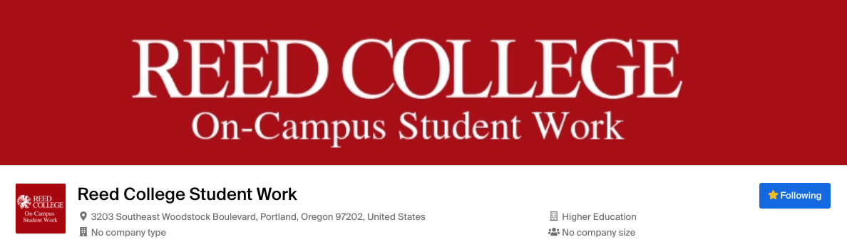Screenshot of the Reed College Student Work page on Handshake with the "follow" button on the right is selected.